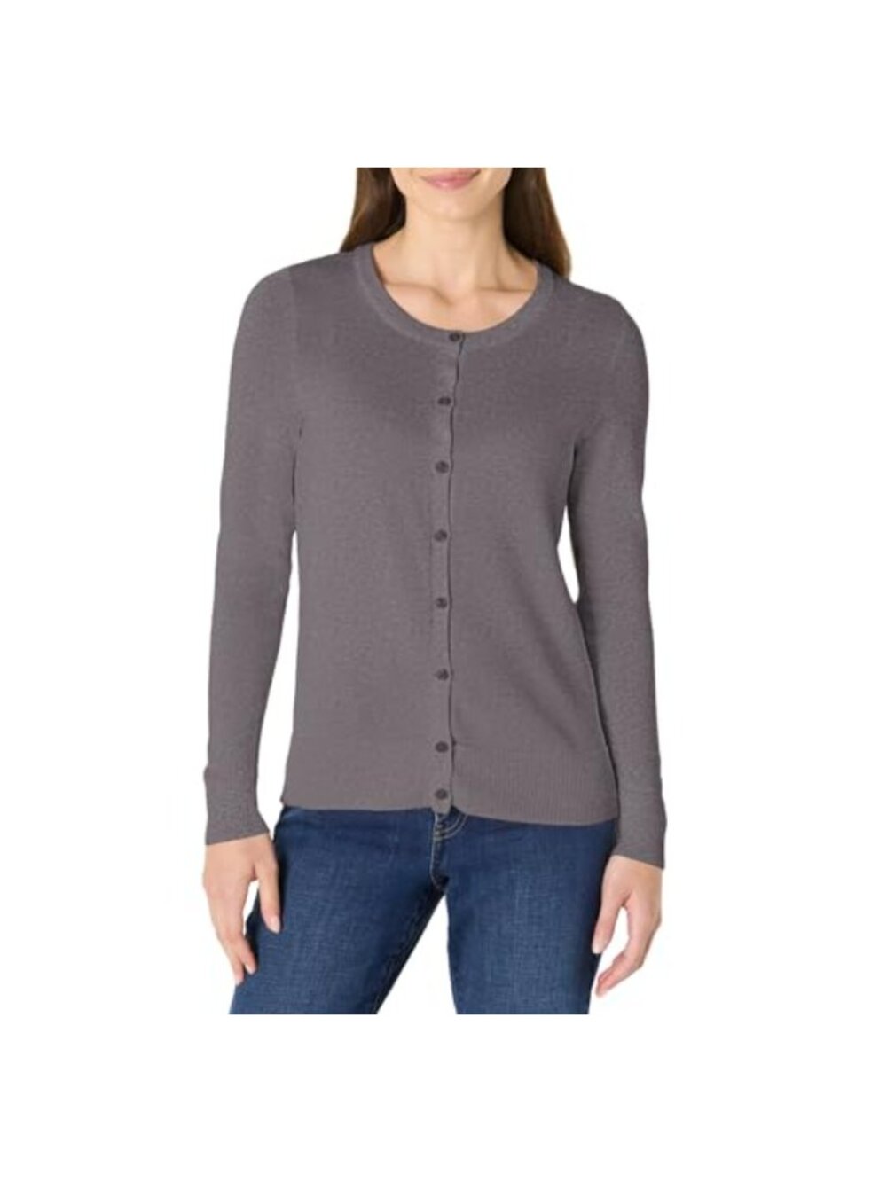 Lightweight Crewneck Button Front Cardigan Sweater Cotton Blend Rib Trim